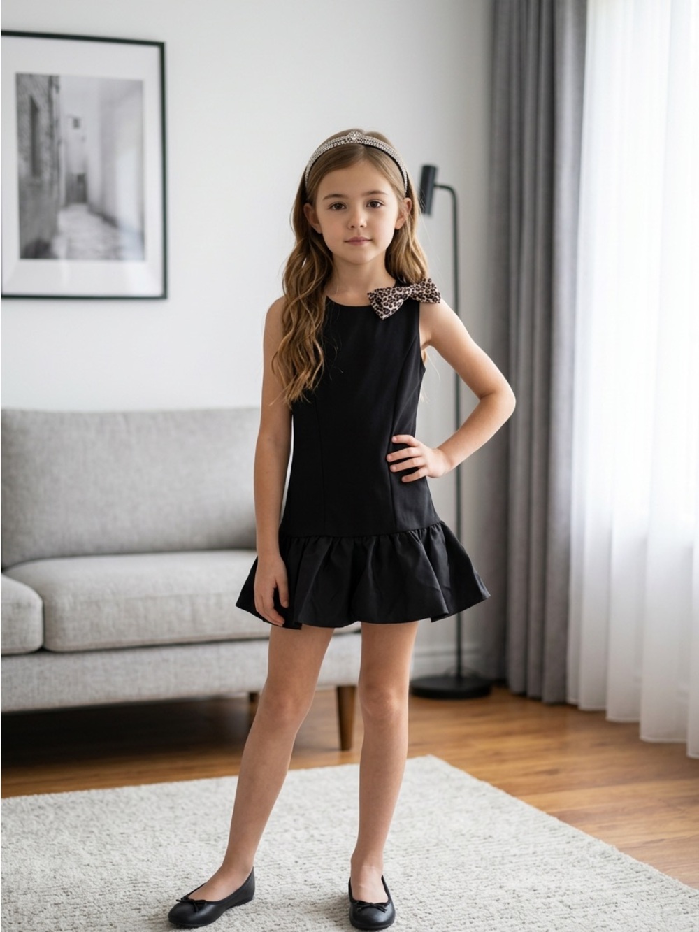 Girls Black Ruffle Hem Dress with Leopard Hair Bow
